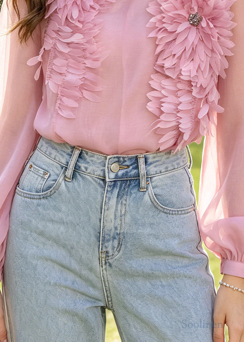 Fine Pink Scallop Trim Cotton UPF 50+ Blouses Summer