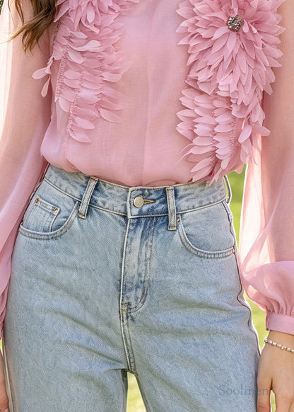 Fine Pink Scallop Trim Cotton UPF 50+ Blouses Summer