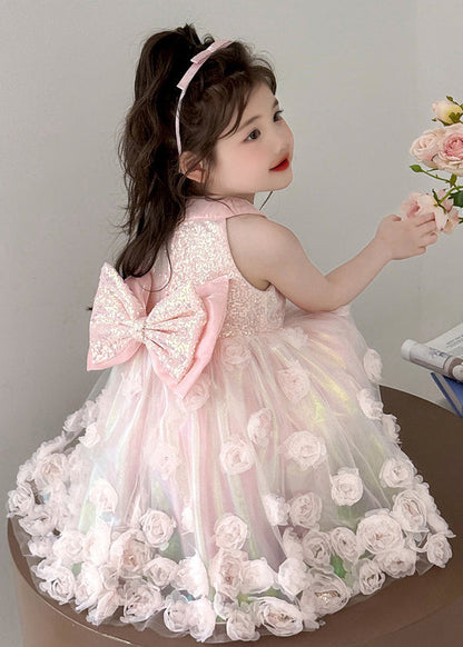 Fine Pink Sequins Floral Tulle Kids Girls Long Dress Summer