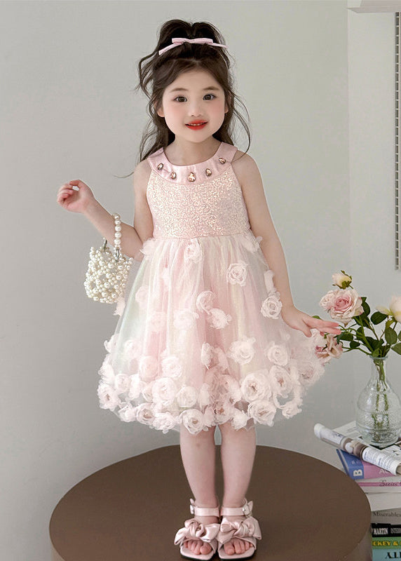 Fine Pink Sequins Floral Tulle Kids Girls Long Dress Summer