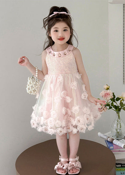 Fine Pink Sequins Floral Tulle Kids Girls Long Dress Summer