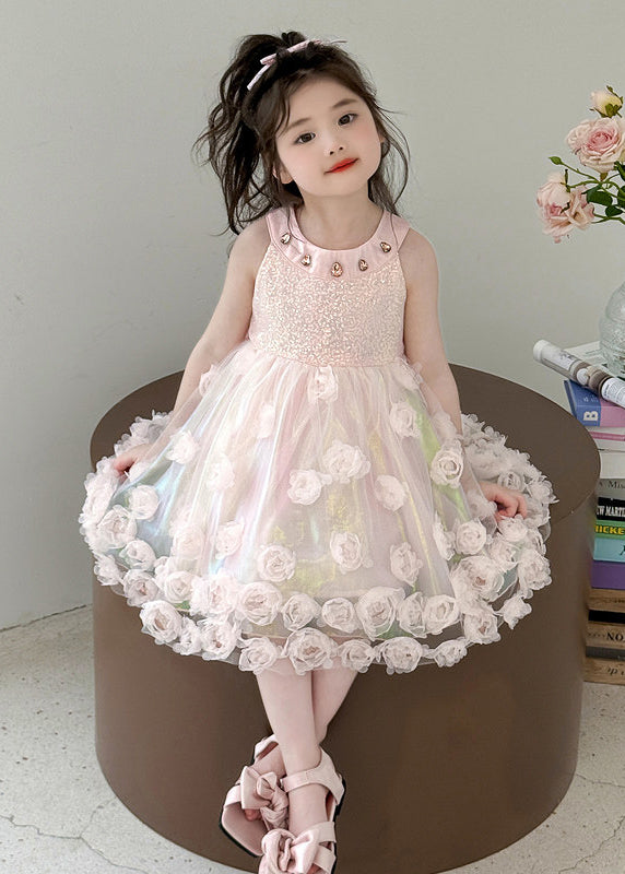 Fine Pink Sequins Floral Tulle Kids Girls Long Dress Summer