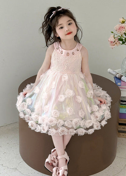 Fine Pink Sequins Floral Tulle Kids Girls Long Dress Summer