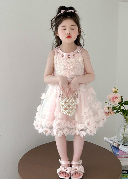 Fine Pink Sequins Floral Tulle Kids Girls Long Dress Summer