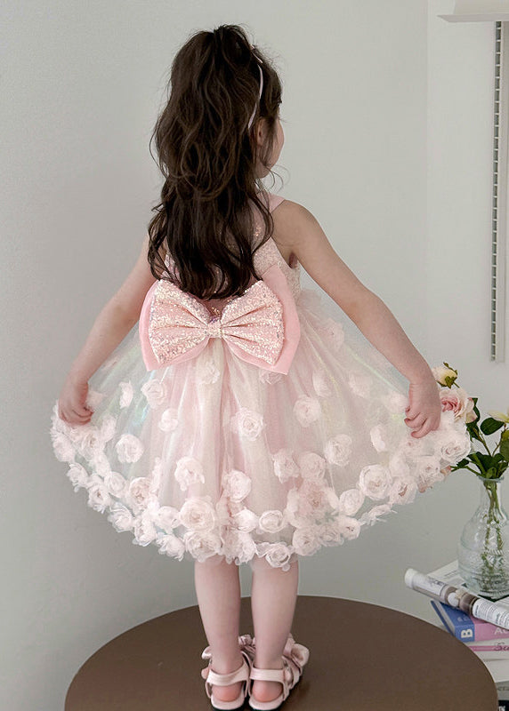 Fine Pink Sequins Floral Tulle Kids Girls Long Dress Summer