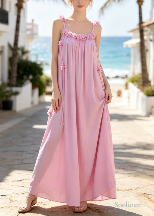 Fine Pink Tasseled Floral Cotton Ankle Dress Summer