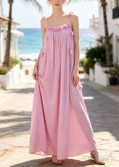 Fine Pink Tasseled Floral Cotton Ankle Dress Summer