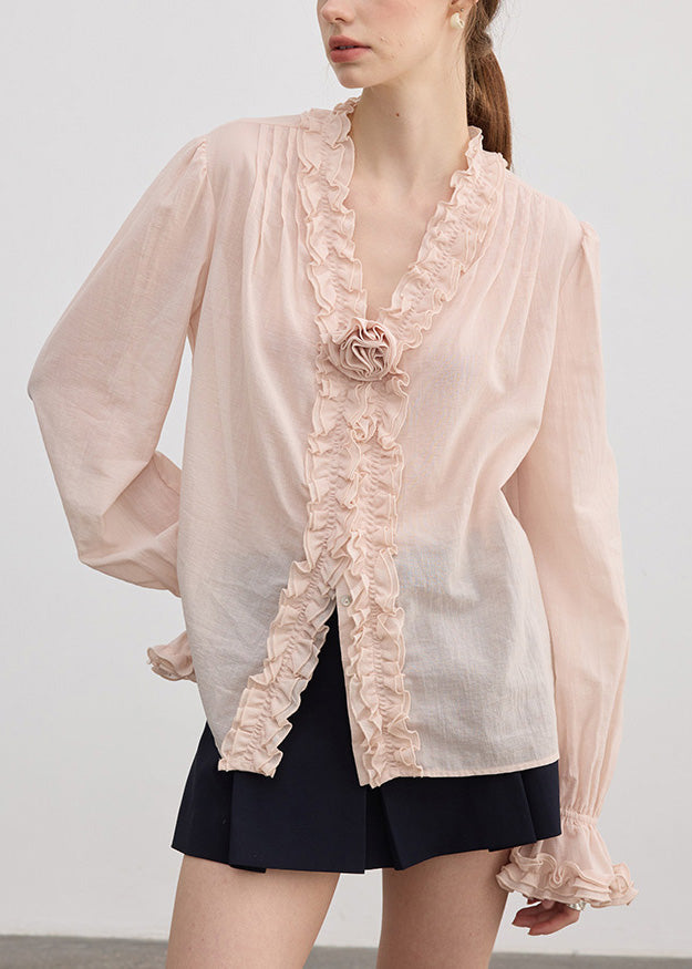 Fine Pink V Neck Ruffled Floral Cotton Shirt Top Fall