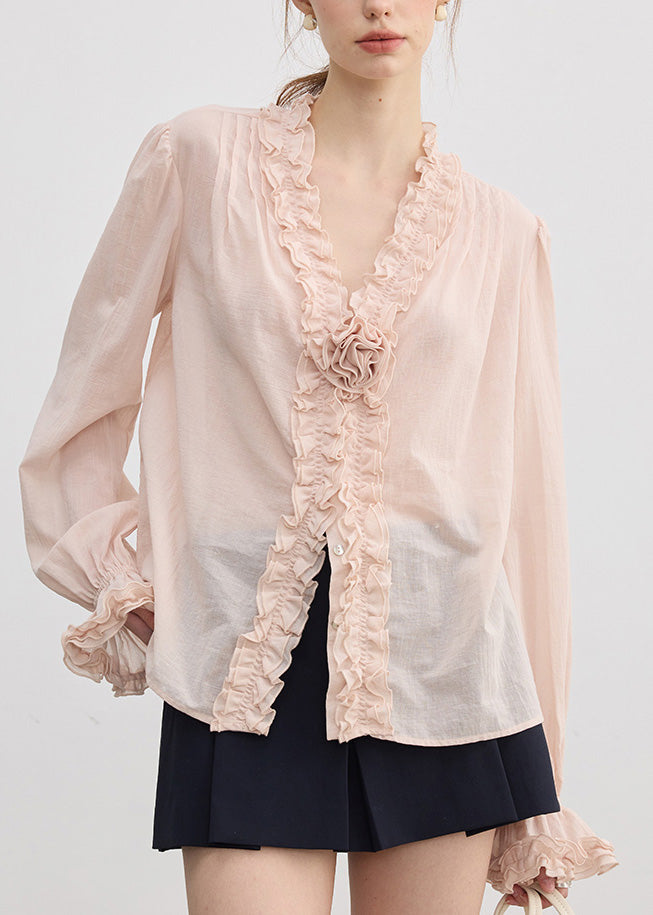 Fine Pink V Neck Ruffled Floral Cotton Shirt Top Fall
