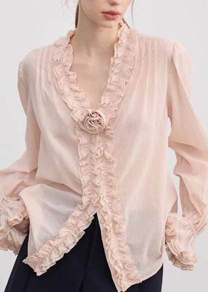 Fine Pink V Neck Ruffled Floral Cotton Shirt Top Fall