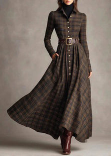 Fine Plaid Peter Pan Collar Button Cotton Dresses Long Sleeve