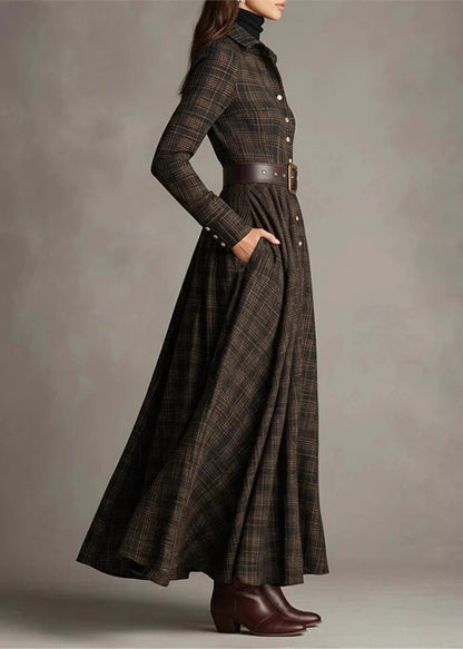 Fine Plaid Peter Pan Collar Button Cotton Dresses Long Sleeve