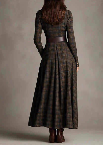 Fine Plaid Peter Pan Collar Button Cotton Dresses Long Sleeve