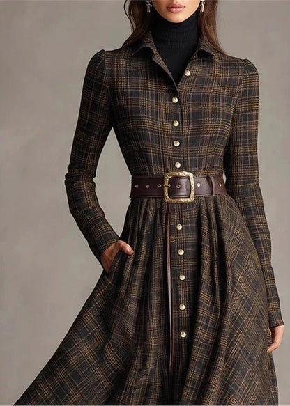 Fine Plaid Peter Pan Collar Button Cotton Dresses Long Sleeve