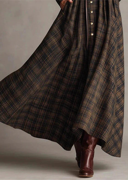 Fine Plaid Peter Pan Collar Button Cotton Dresses Long Sleeve