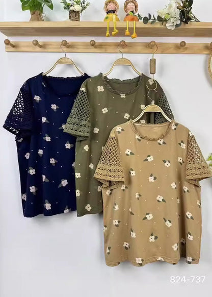 Fine Print Patchwork Hollow Out Cotton Top Summer