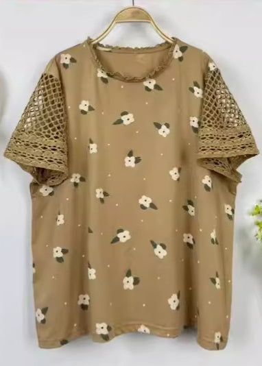 Fine Print Patchwork Hollow Out Cotton Top Summer