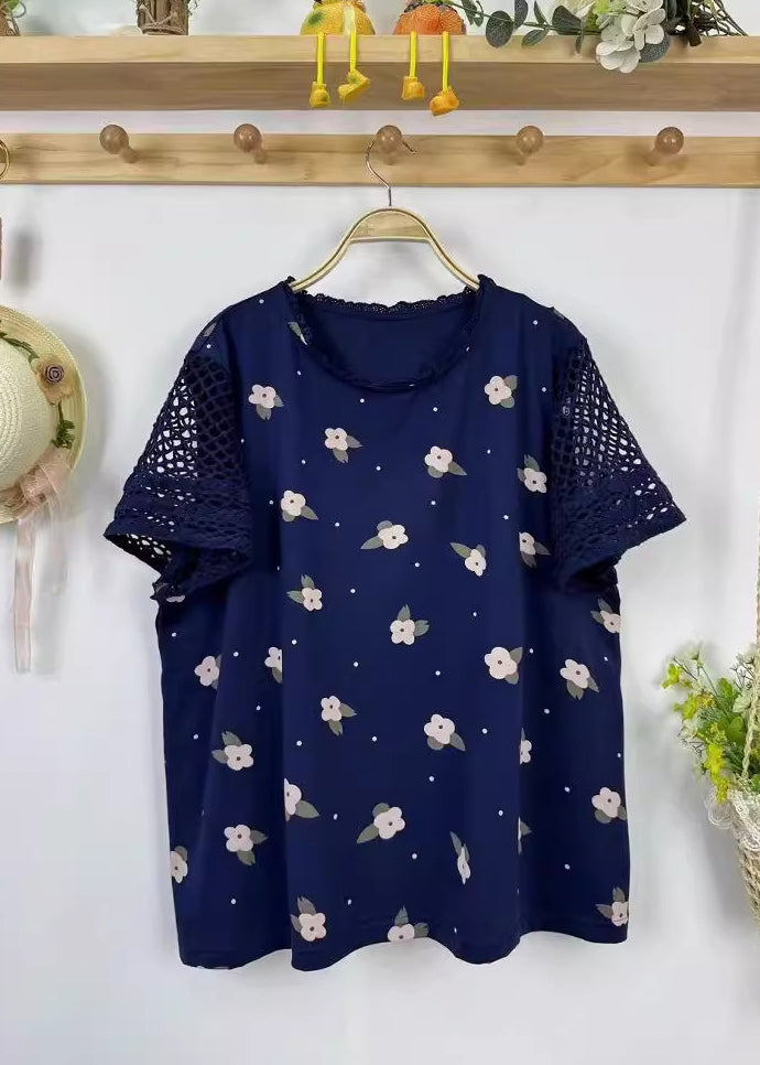 Fine Print Patchwork Hollow Out Cotton Top Summer