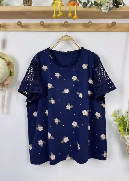 Fine Print Patchwork Hollow Out Cotton Top Summer