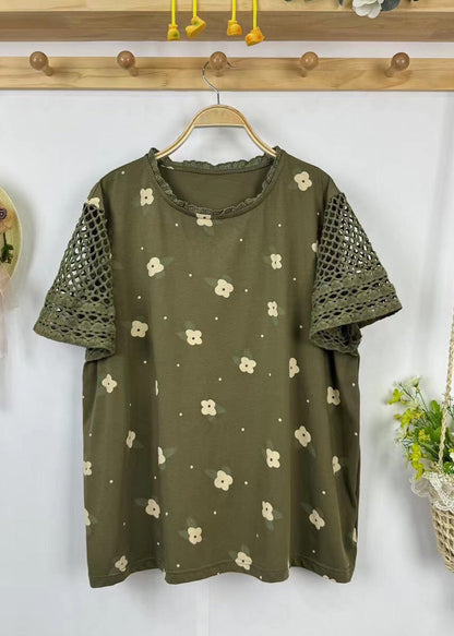 Fine Print Patchwork Hollow Out Cotton Top Summer