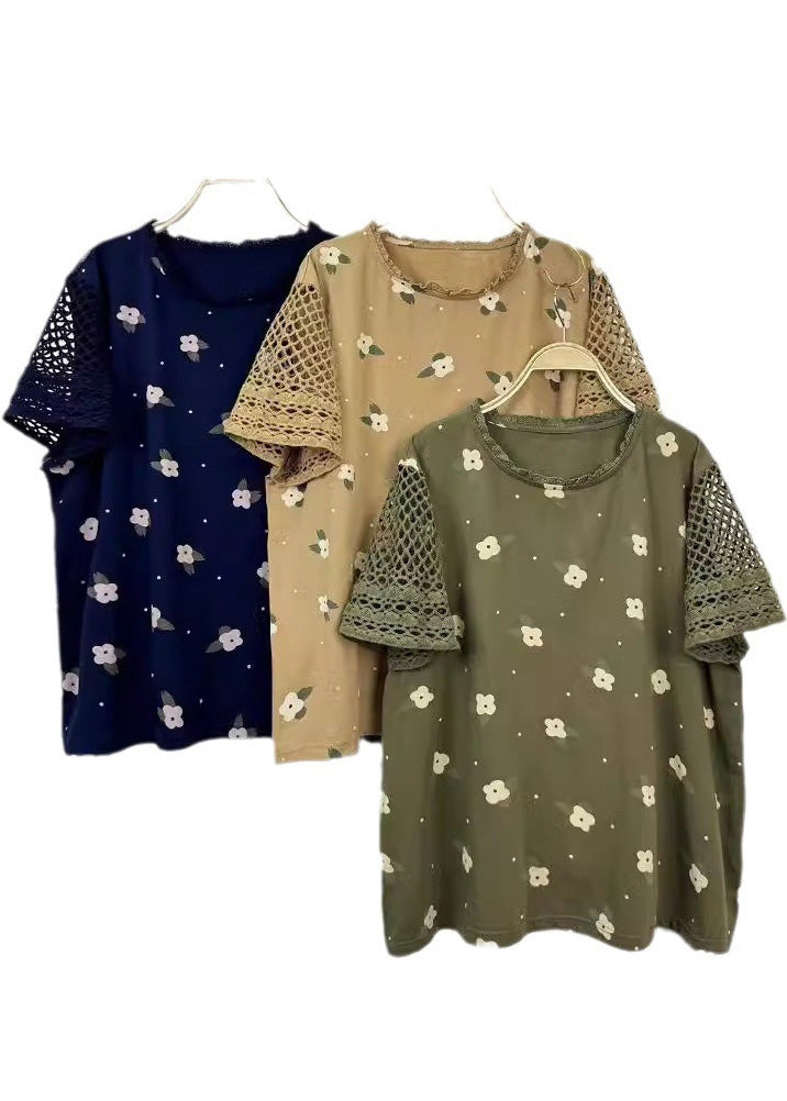 Fine Print Patchwork Hollow Out Cotton Top Summer