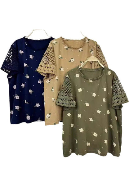 Fine Print Patchwork Hollow Out Cotton Top Summer