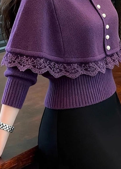 Suéter tipo capa de punto con botones morados finos de encaje y patchwork para invierno