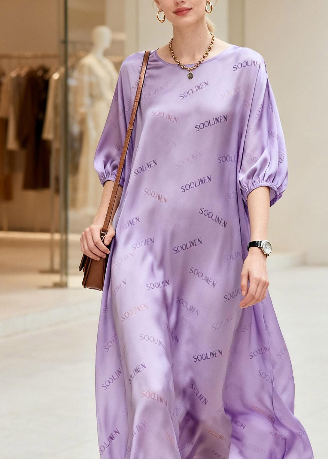 Fine Purple O-Neck Graphic Silk Long Dress Summer