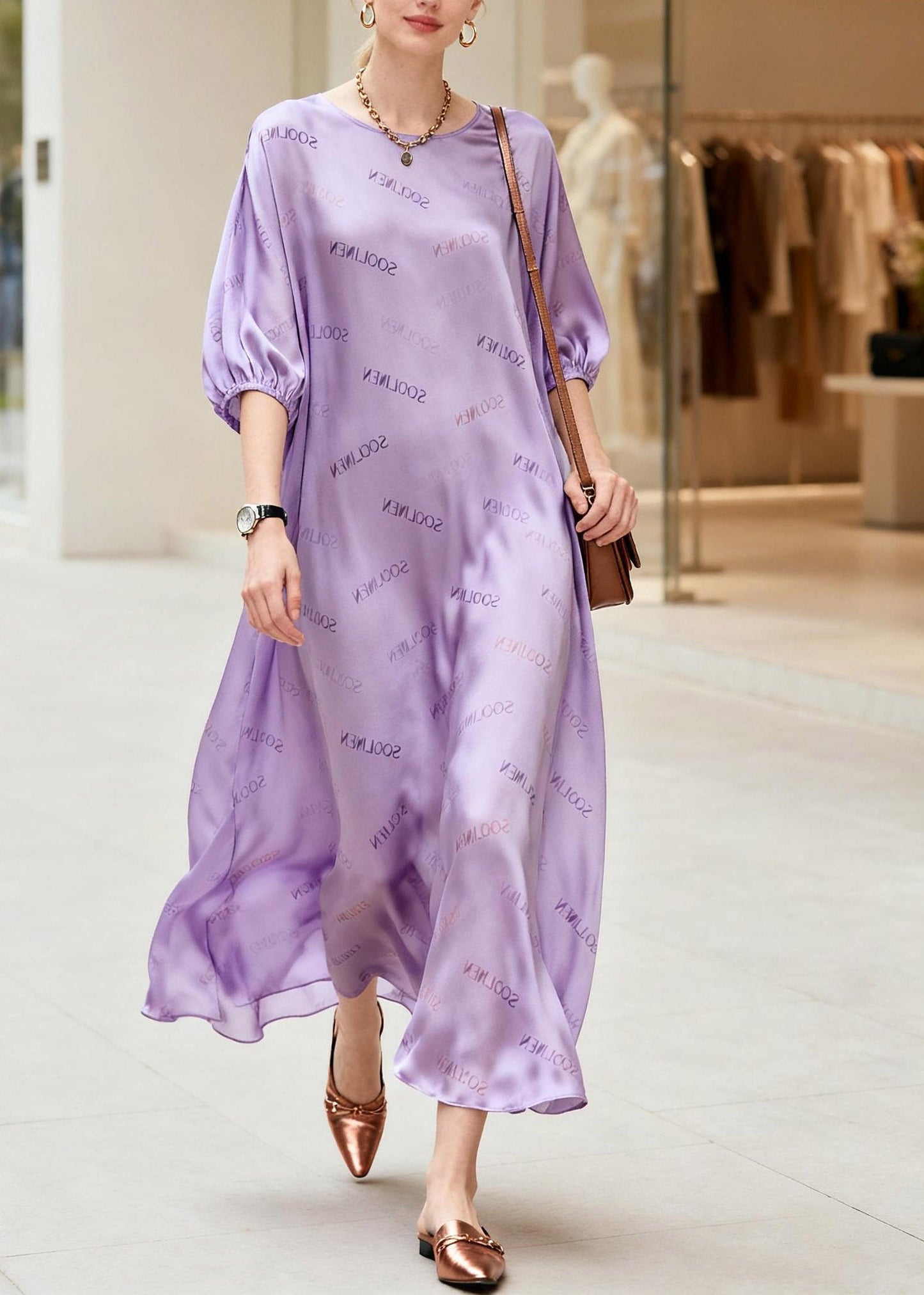 Fine Purple O-Neck Graphic Silk Long Dress Summer