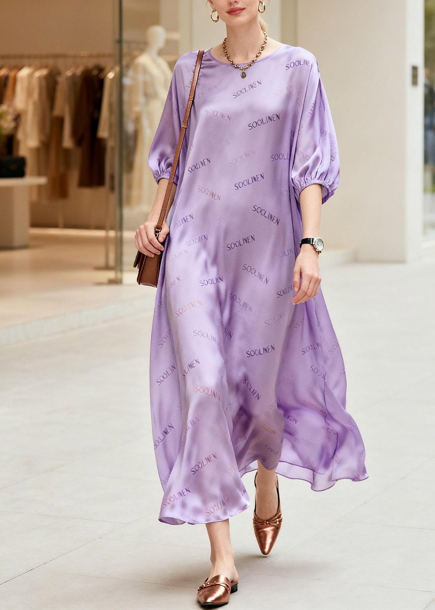 Fine Purple O-Neck Graphic Silk Long Dress Summer