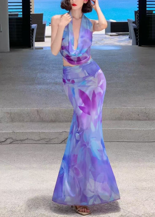 Fine Purple Print Tulle Top And Maxi Skirts Two-Piece Set Sleeveless
