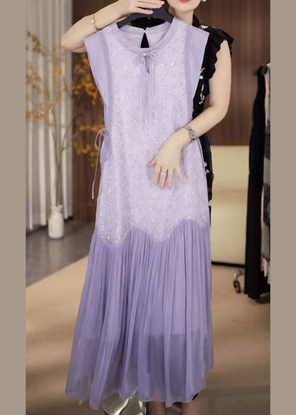Fine Purple Sequins Lace Up Patchwork Chiffon Long Dress Sleeveless