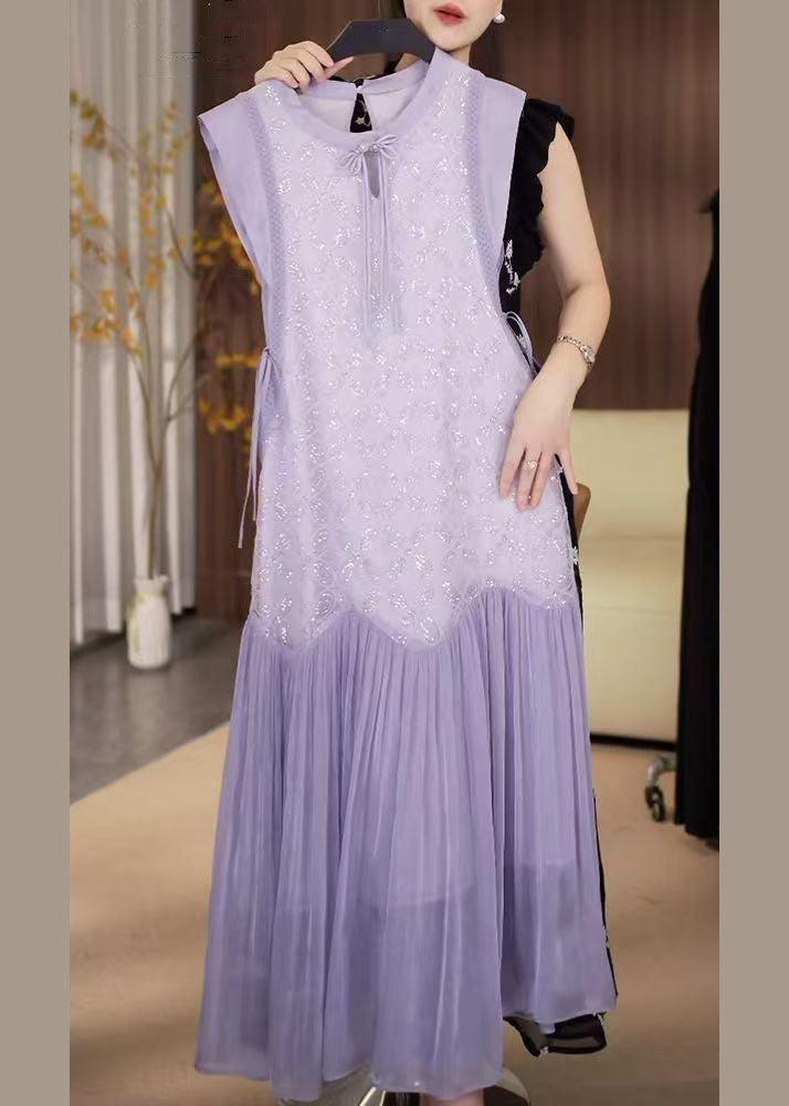 Fine Purple Sequins Lace Up Patchwork Chiffon Long Dress Sleeveless