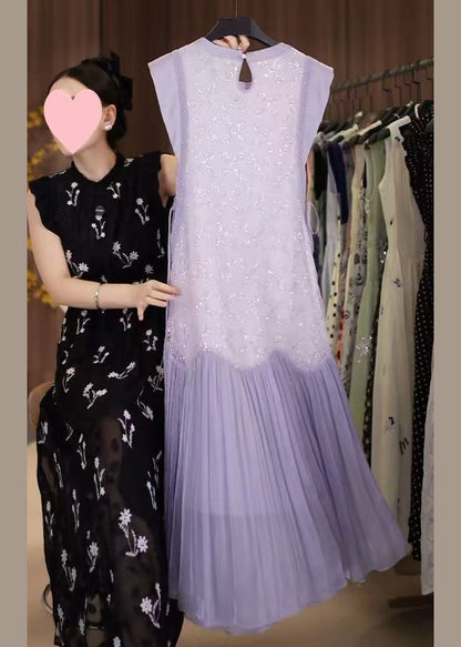 Fine Purple Sequins Lace Up Patchwork Chiffon Long Dress Sleeveless