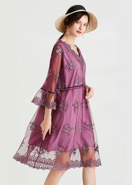Fine Purple Tulle Embroideried Patchwork Spring Flare Sleeve Dress - SooLinen