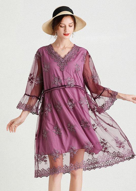 Fine Purple Tulle Embroideried Patchwork Spring Flare Sleeve Dress - SooLinen