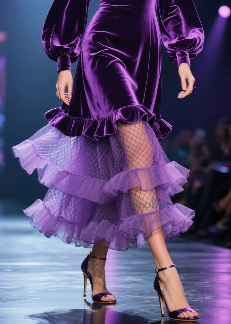 Vestido largo de terciopelo con patchwork y volantes de tul morado fino para primavera