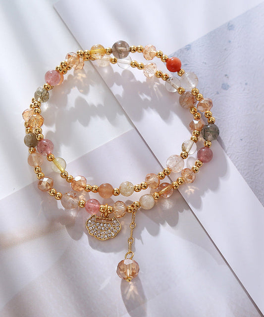 Pulsera fina con borlas de doble capa de cristal de circonita y cobre dorado de arcoíris