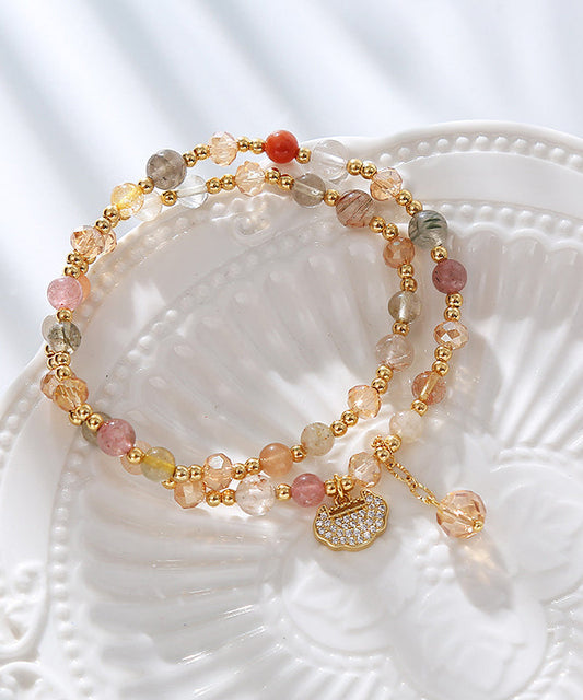 Pulsera fina con borlas de doble capa de cristal de circonita y cobre dorado de arcoíris