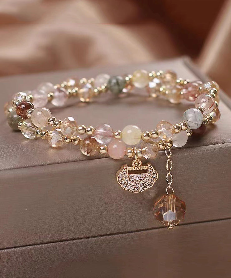 Pulsera fina con borlas de doble capa de cristal de circonita y cobre dorado de arcoíris