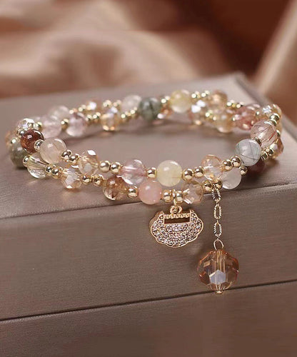 Pulsera fina con borlas de doble capa de cristal de circonita y cobre dorado de arcoíris