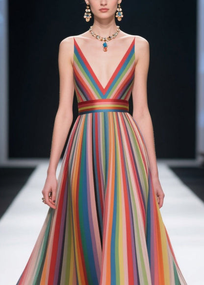 Fine Rainbow Striped Patchwork Multicolor Flower Chiffon Tunic Dress Summer