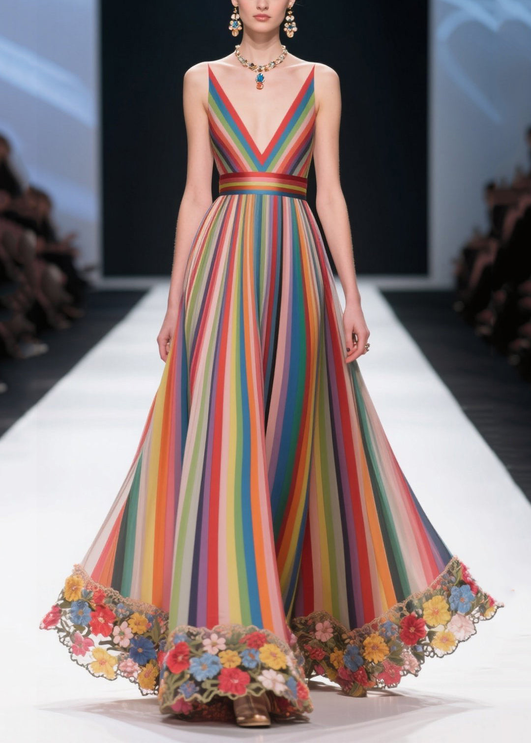 Fine Rainbow Striped Patchwork Multicolor Flower Chiffon Tunic Dress Summer