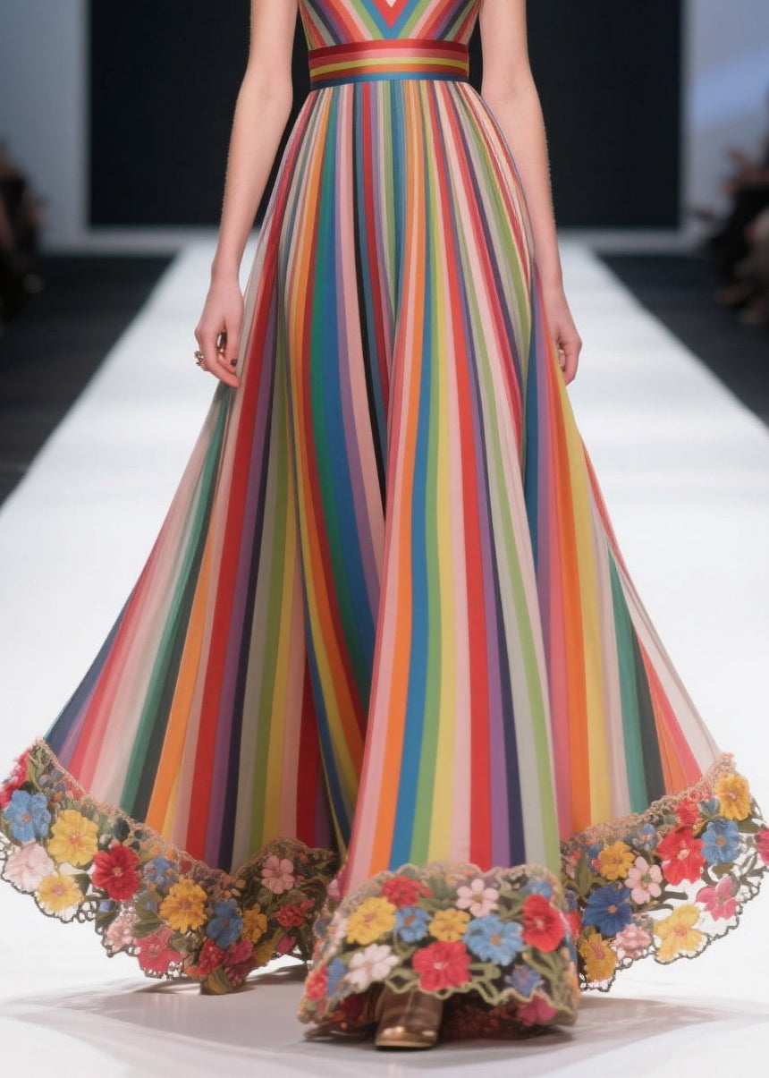 Fine Rainbow Striped Patchwork Multicolor Flower Chiffon Tunic Dress Summer