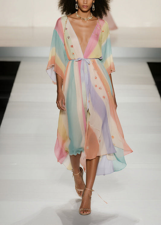 Fine Rainbow Tie Waist Print Chiffon Holiday Dress Summer