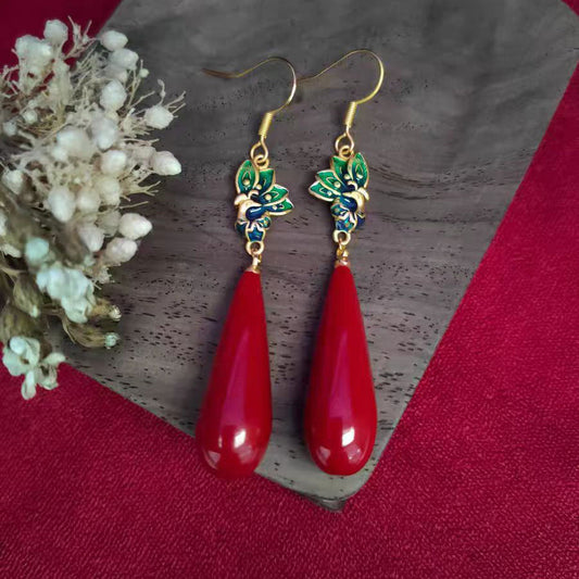 Pendientes colgantes de cinabrio cloisonné de oro antiguo rojo fino
