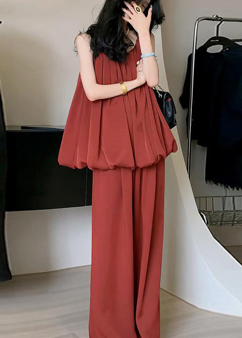 Fine Red Cold Shoulder Ice Silk Two Piece Set Outfits Summer