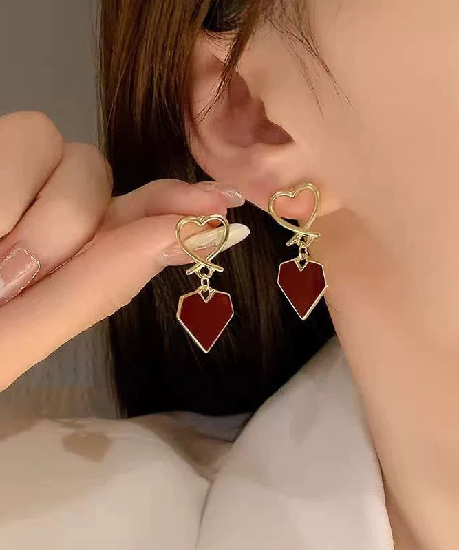 Pendientes de aro finos de aleación de cobre rojo con esmalte de goteo Love