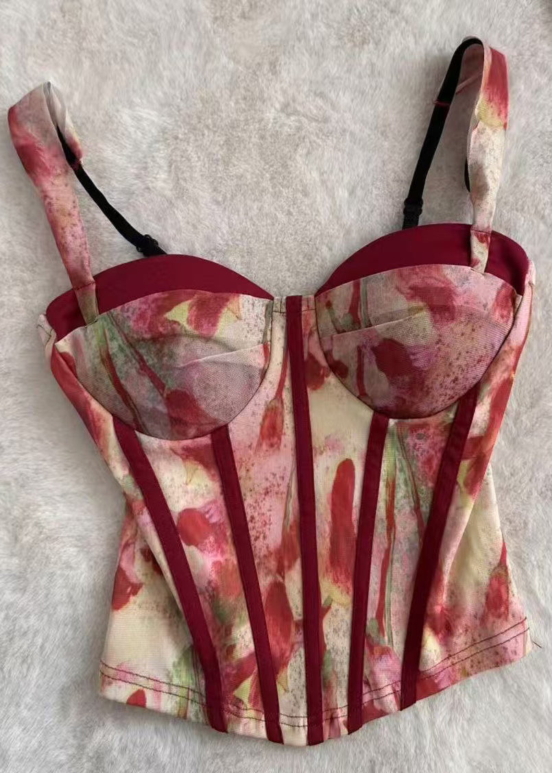 Fine Red Print Tulle Bustier Top Summer