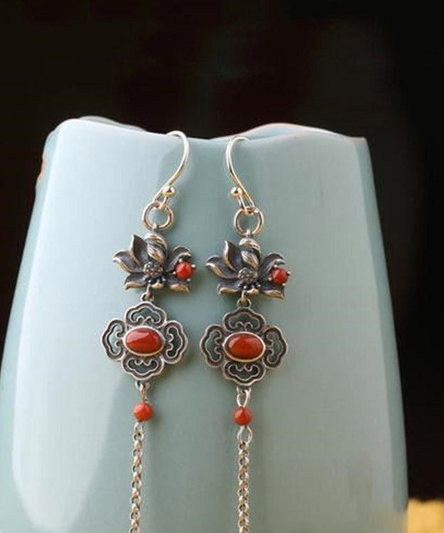 Fine Red Sterling Silver Agate Lotus Tassel Drop Earrings